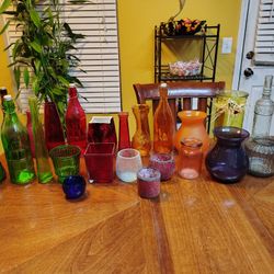 Assorted Colored Glass Vases, Bottles, Candle Holders 