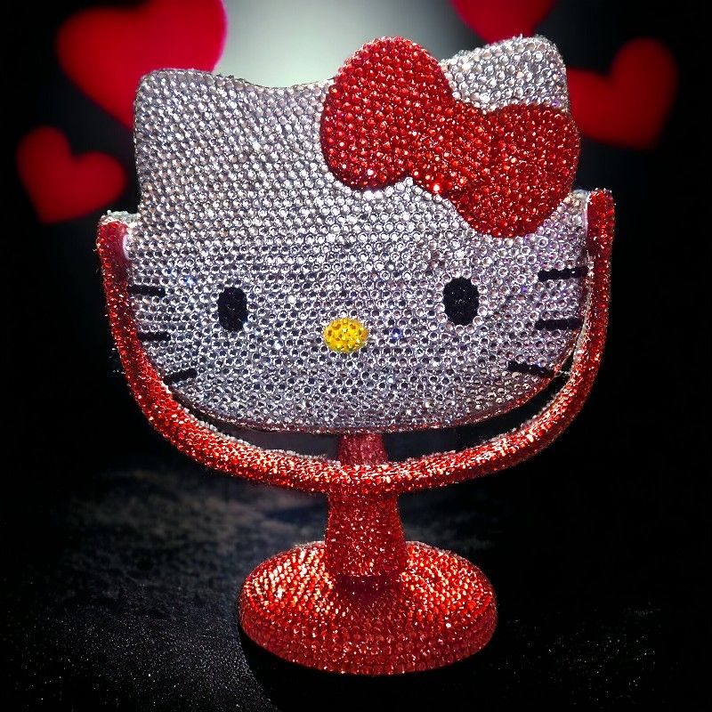 Rhinestone Bling Hello Kitty W/ Red Bow Table Beauty Mirror Handmade Mothers Day Gift
