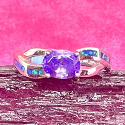 Sterling Amethyst and Opal Ring sz 8