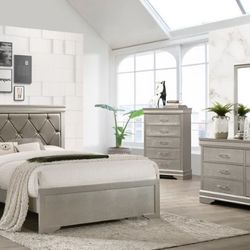 Amalia Champagne Silver Upholstered Panel Bedroom Set
