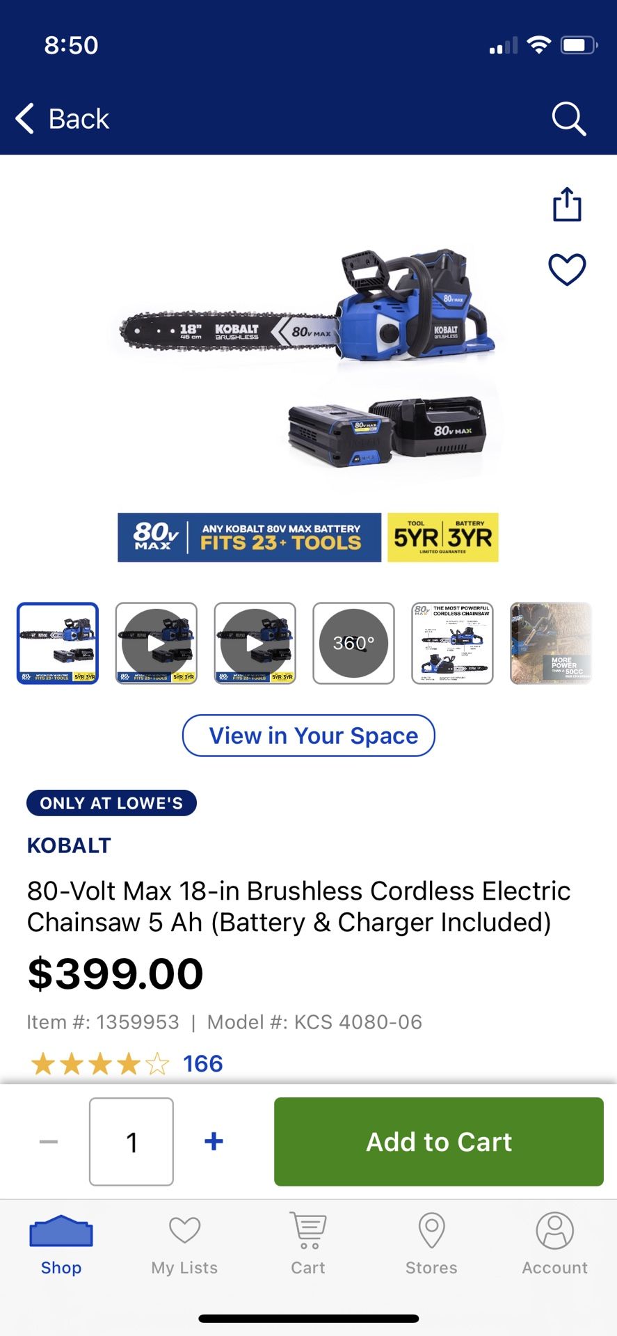 Kobalt 80V Chainsaw 18in Chain