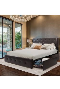 Upholstered Bed Frame with 4 Storage Drawers and Adjustable Headboard, Queen Bed Frame Mattress