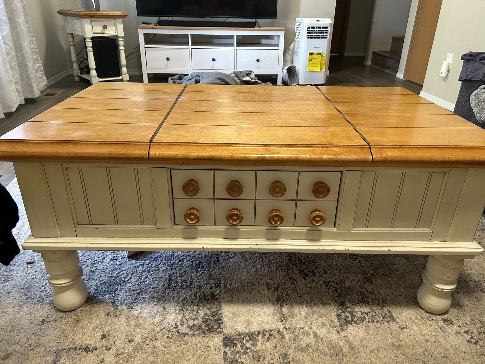 Old cannery Coffee table and matching end table with storage