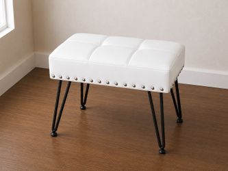 White rectangle Ottoman with black legs and silver buttons