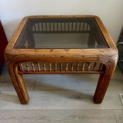 Vintage Pencil Reed/Bamboo Smoked Glass Top Side Table