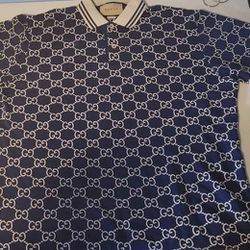 GUCCI GG Men’s MONOGRAM logo all over stretch Cotton Polo Shirt Blue Cream LARGE