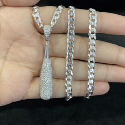 925 Sterling Silver CZ Icy Baseball Bat Sports Pendant & Curb Chain