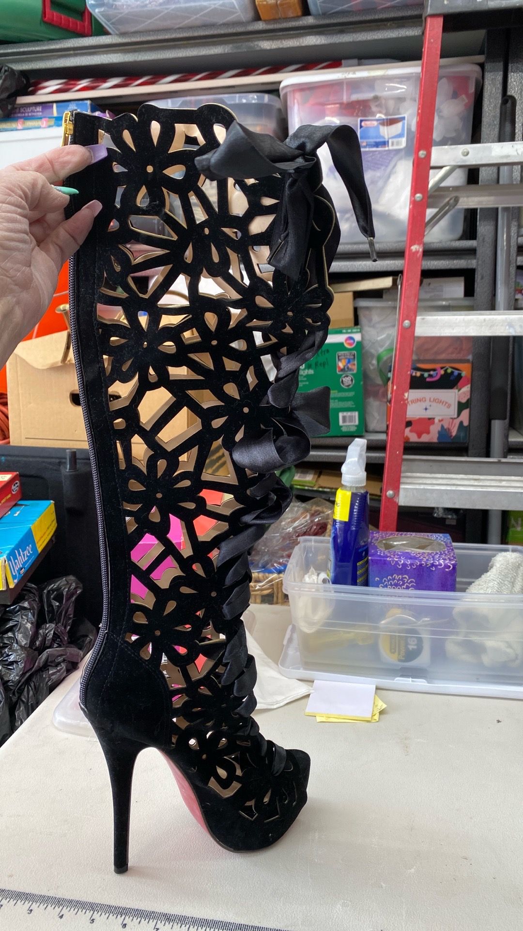 Knee high lace with satin lacing. Platform 6” heel boots.