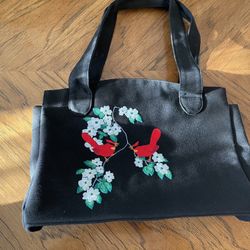 New (No boxes or tags) HipKnits LLC Black Handbag with Colorful Embroidered Bird and Floral Pattern
