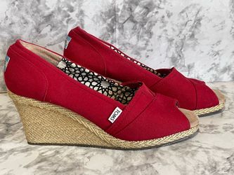 TOMS Red Canvas Espadrille Wedge Heels