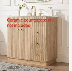 36 Inch Bathroom Vanity , Modern Fluted Single Bathroom Vanity with Sink with Storage Cabinet, Adjustable Shelf and 3 Small Drawers, Solid Natural woo