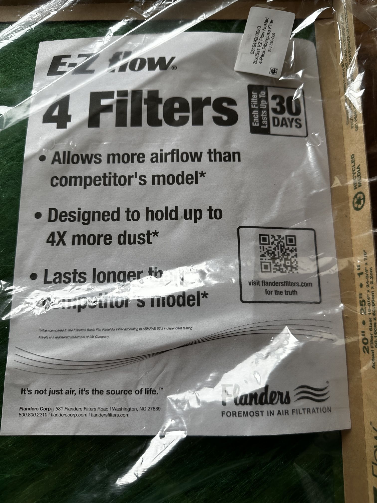 EZ Flow, 3 Furnace Filters, Size 20” X 25” X 1” New In Package.