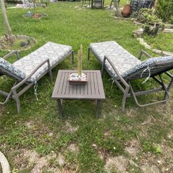 Outdoor Chaise Lounge Set of 2, Light Weight Aluminum Pool Lounge Chair with Adjustable Backrest, Cushion, Curved Armrest, and Side Table