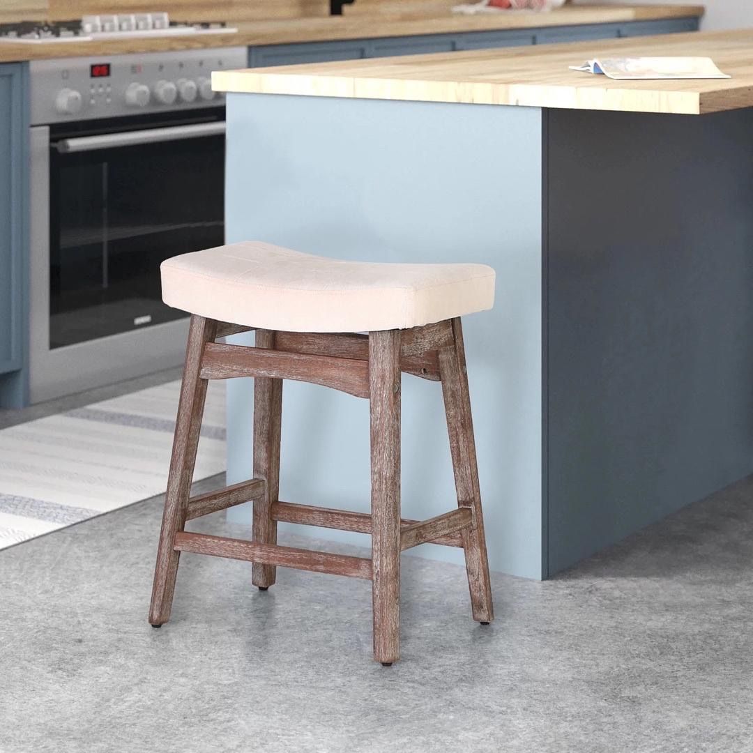 Saddle Design Linen Fabric Bar Stool with Wood Legs