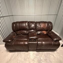  Brown Leather Reclining Sofa  w/ Console & Cupholders