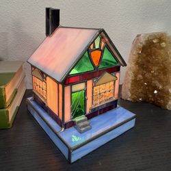 Vintage 5” Stained Glass Pink House Lamp Night Light - Christmas Village- Home Decor 