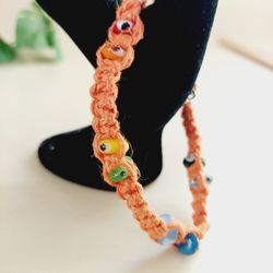 9" Orange Hemp Handmade Macrame Anklet Bracelet with Multi-Colored Beads and Silver Toned Hook Closure. Twisted rope design. Fashionable Costume Jewel