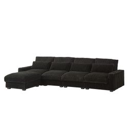 126-inch Corduroy With Cup Holder Super Large L-Shaped Sofa, Movable Footrest, Four Waist Pillows And Four Back Cushion, With USB Port And Type-C Port