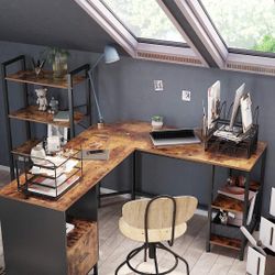 Corner Desk, L-Shaped Computer Desk, Home Office Desk with Shelves and Hanging File Cabinet
