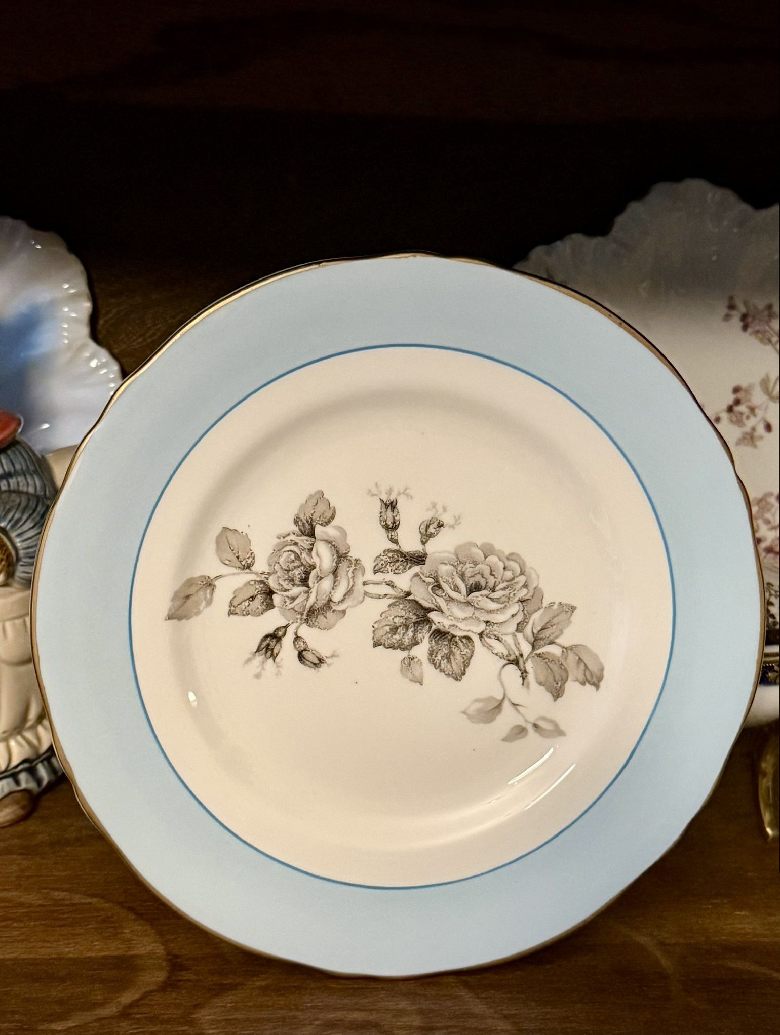Vintage Crown Staffordshire Blue Gray Floral Rose Plate/Crown Staffordshire Fine Bone China Plate/Made in England