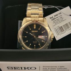 SEIKO Solar Black Dial Gold-tone Stainless Steel Men's Watch - SNE100 - New 