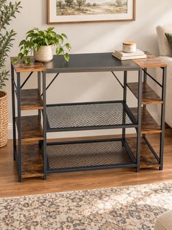 Rustic Industrial Bar Table / Console Table w/ Metal Storage Shelves - $80