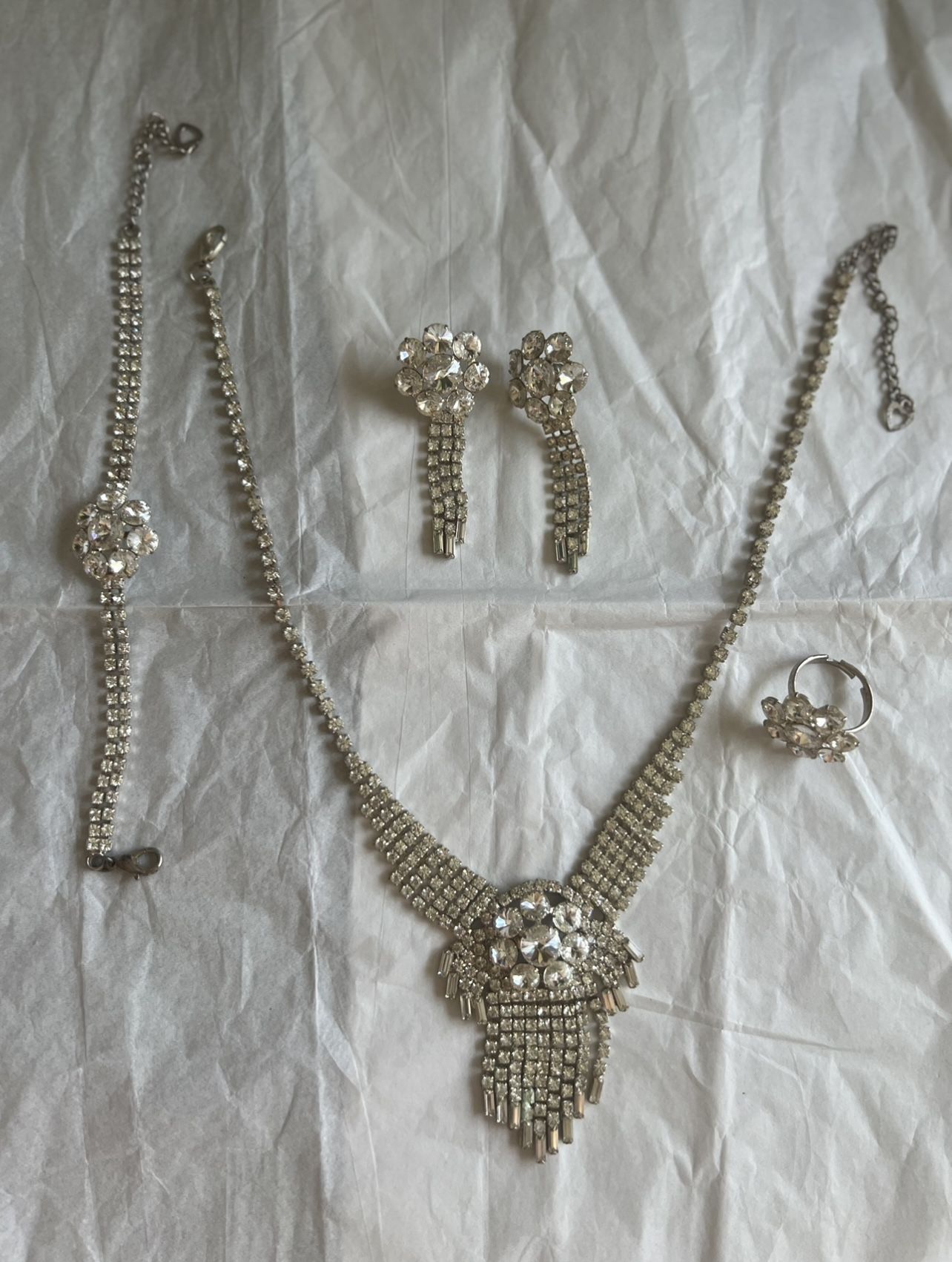 4 Piece Wedding Necklace, Earrings, Ring, & Bracelet Set