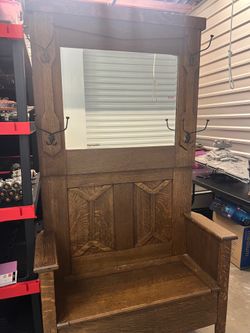 Antique Quarter Sawn Oak Hall Tree with Storage Bench and Mirror