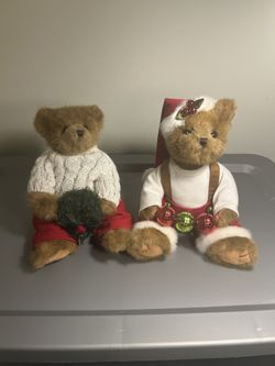 Adorable teddy bear Christmas decor bundle featuring two festive plush bears dressed in holiday outfits. One bear is styled with a classic winter swea