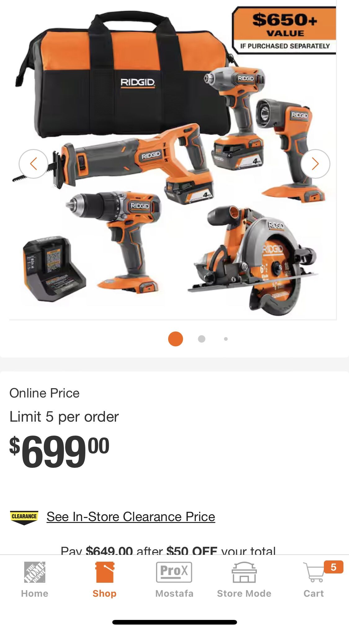 RIDGID 18V Cordless 5-Tool Combo Kit with (2) 4.0 Ah Batteries, Charger, Tool Bag, and Accessories