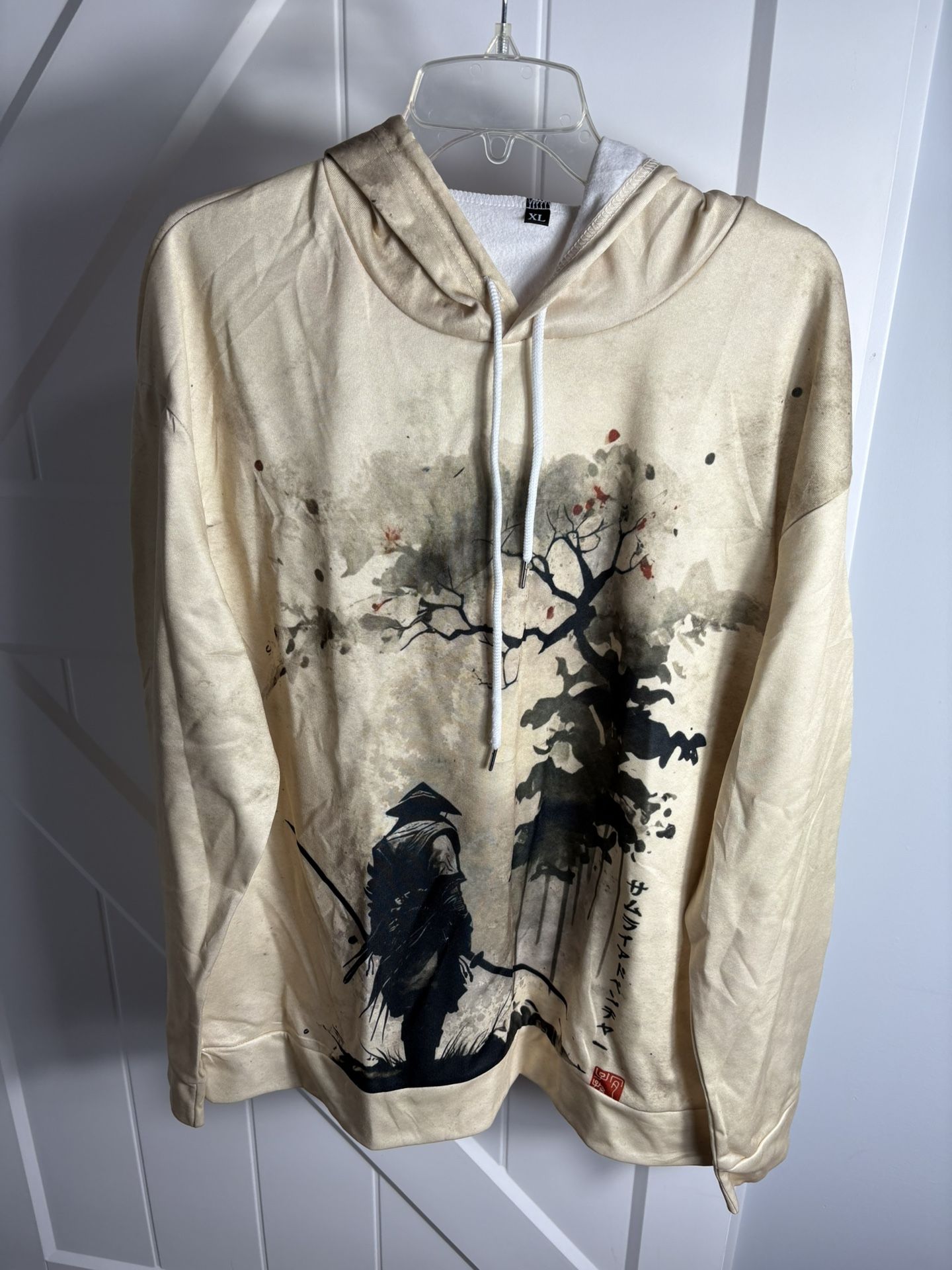 Men’s Japanese Ink Samurai Art Print Hoodie Beige Sz L/XL
