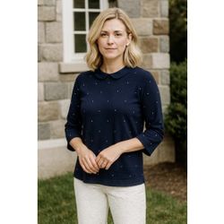 J.Crew Navy Faux Collar on Navy Jersey cotton Sweatshirt Polka Dots Size S