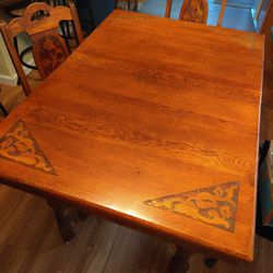 Antique Table With 4 Chairs, Design Carved Into Wood