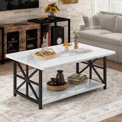 Faux Marble Coffee Table for Living Room with Round Corners,2 Tier Living Room Table with Storage Shelf,Rectangular Coffee Table Center Tabl