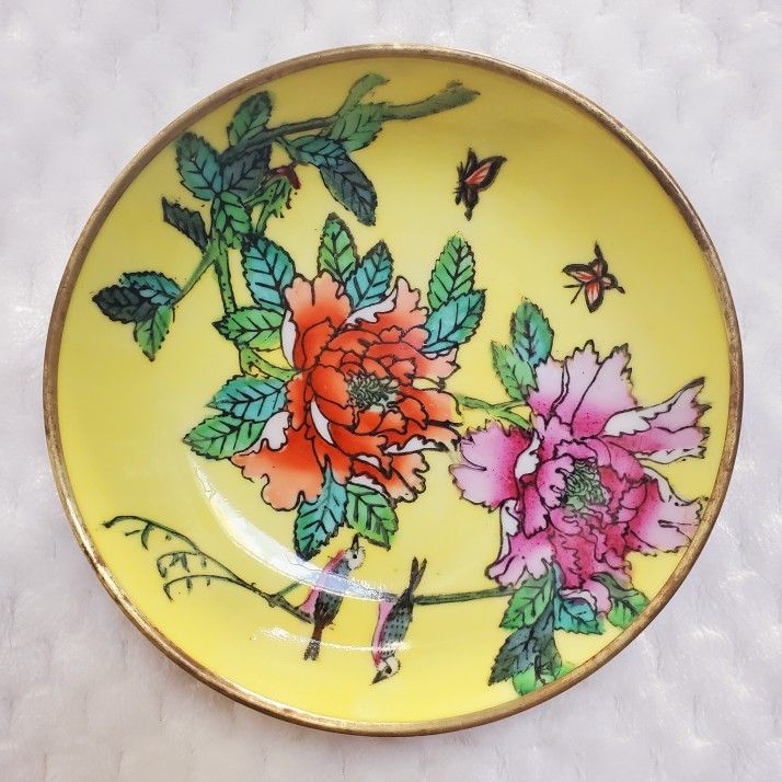 Antique Yellow Floral Butterfly Birds Asian Brass