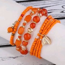 Boho Style Leaf Pendant Beaded 4-pc. Bracelet Set