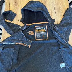 Superdry Mountain Storm Fleece Jacket Mens L Grey Orange Double Zip Hooded