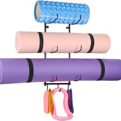 Yoga Mat Holder Wall Mount, Yoga Mat Storage Rack, with 3 Hooks for Hanging Yoga Strap, Resistance Bands, 3 Sectional Storage Foam Roller and Block at