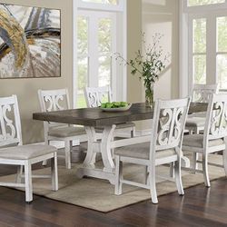 Brand Rustic Distressed White & Grey 7pc Dining Table Set 