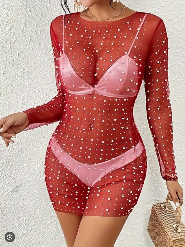 Women’s Mesh Pearl Cover Up Dress Medium Long Sleeve See Through Beach Swimwear