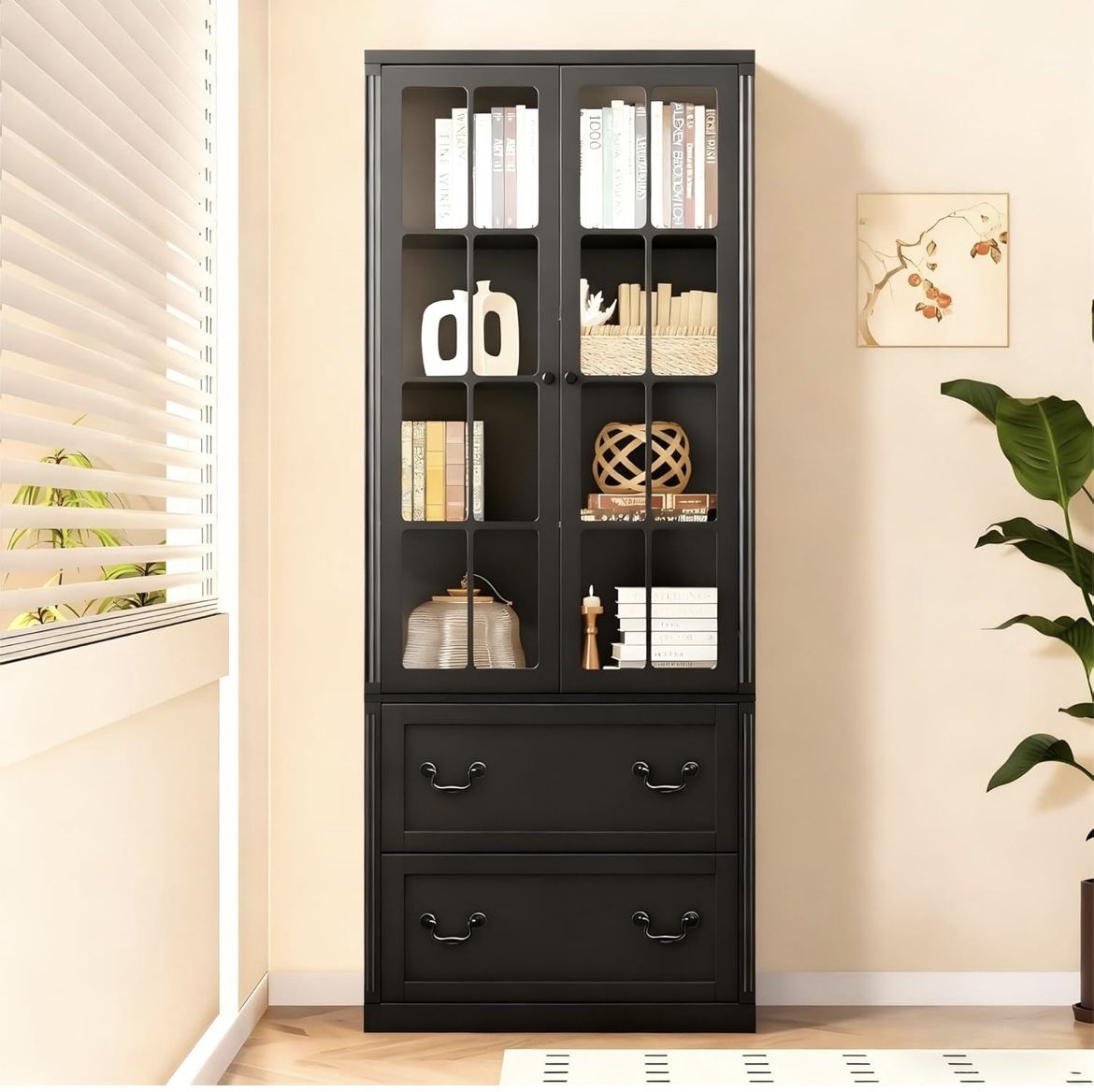 Bookcase with Door, Bookshelf with Glass Doors, Tall Bookcase 4-Shelves 2 Glassy Doors & 2 Drawers, Large Storage Cabinet Tall Bookshelf for Living Ro