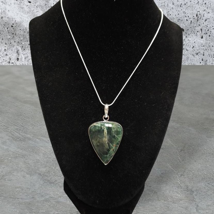 Green Jasper Sterling Silver Pendant on a Sterling Silver 11.50” Necklace 