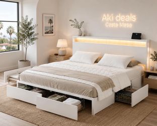 King Size Bed Frame with Headboard and 4 Storage Drawers LED light White K-6