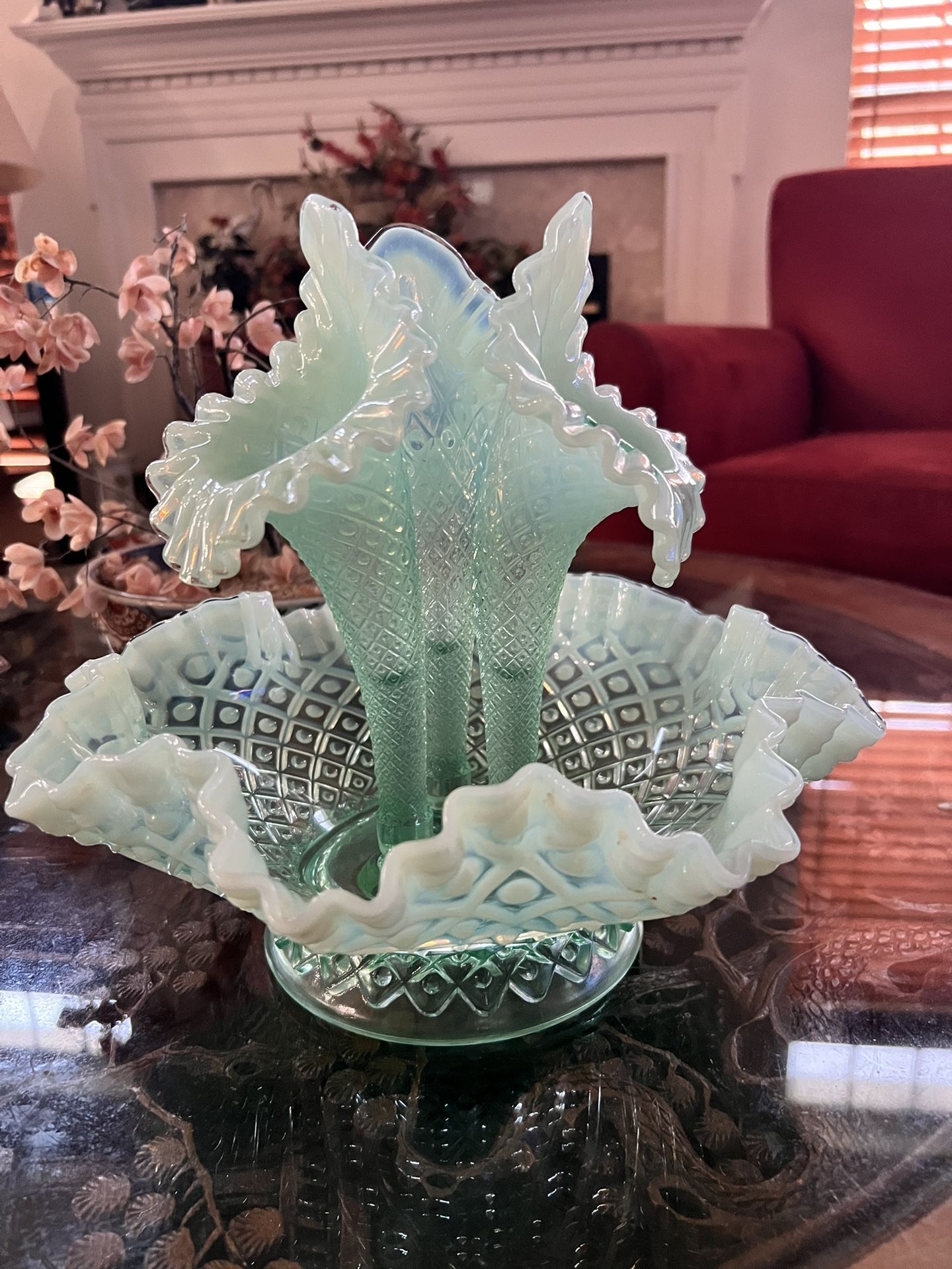 Vintage Fenton Hobnail Diamond Lace Pattern Sea Blue Epergne 