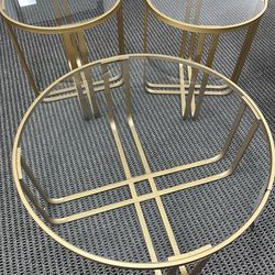 Coffee Table With 2 End Tables - Glass Top With Gold Frame