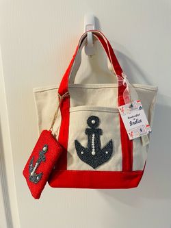 Beautiful canvas and beaded bag with beaded anchor detailing and matching pouch