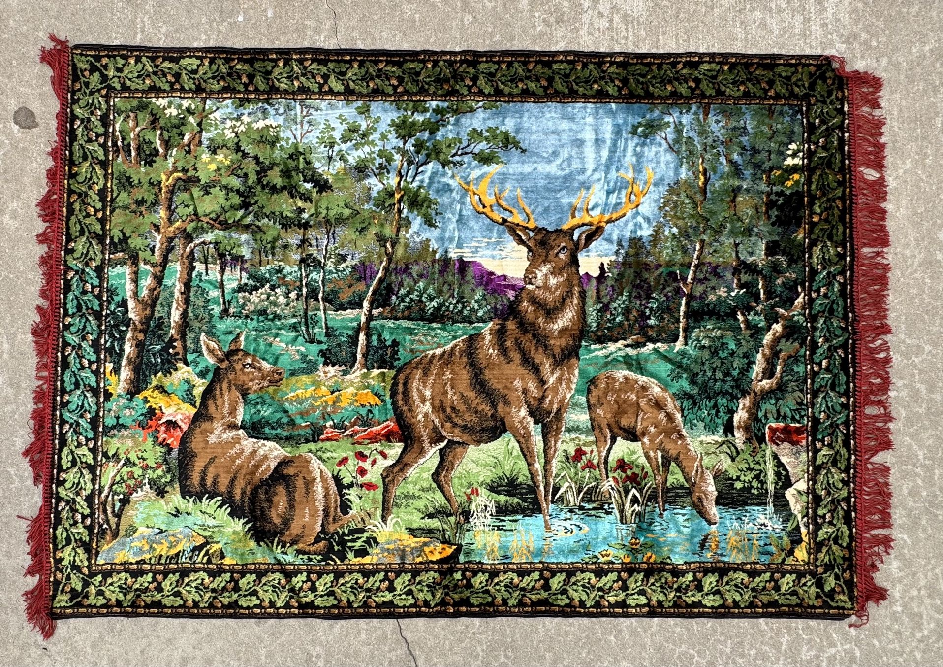 Vintage 1970s Tapestry Deer Forest Scene Rug 5.5 Feet X 4 Feet