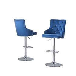Tufted Velvet Upholstered Adjustable Bar Stool in Navy Blue, Set of 2
