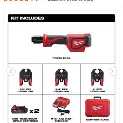 New Milwaukee M18 18V Lithium-Ion Cordless Short Throw Press Tool Kit with 3 PEX Crimp Jaws (2) 2.0 Ah Batteries and Charger