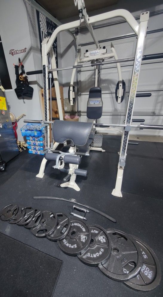 Iron grip smith machine with weights, bench and attachment